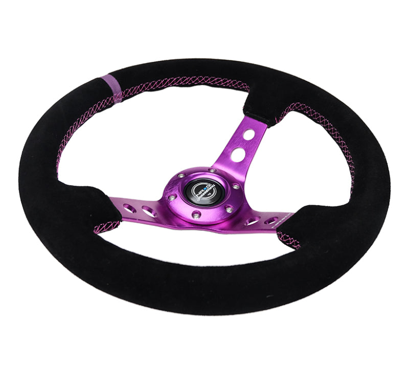NRG Reinforced Steering Wheel (350mm / 3in. Deep) Black Suede w/Purple Center & Purple Stitching - NRG RST-006S-PP