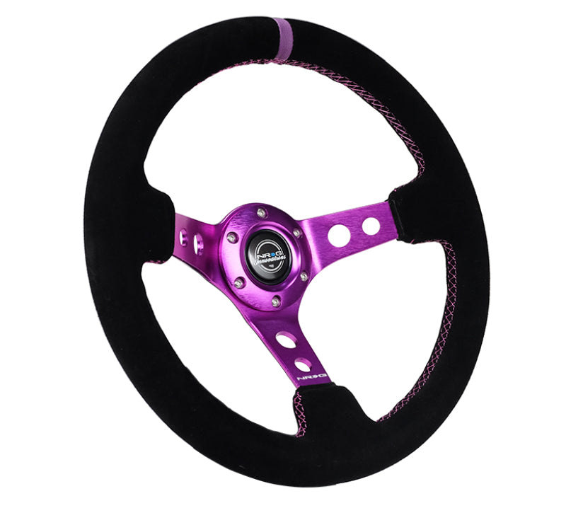 NRG Reinforced Steering Wheel (350mm / 3in. Deep) Black Suede w/Purple Center & Purple Stitching - NRG RST-006S-PP