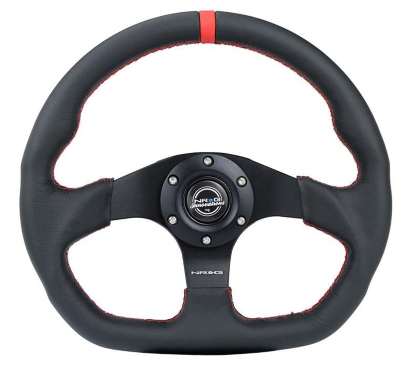 NRG Reinforced Steering Wheel (320mm) Sport Leather Flat Bottom w/ Red Center Mark/ Red Stitching - NRG RST-024MB-R-RD