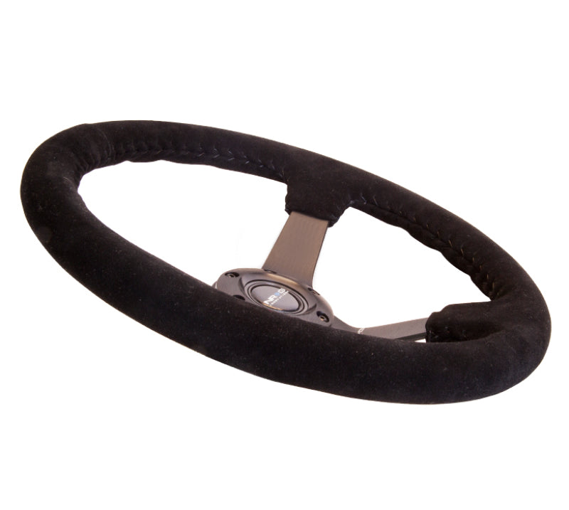 NRG Reinforced Steering Wheel (350mm / 3in. Deep) Blk Suede w/Blk BBall Stitch (Odi Bakchis Edition) - NRG RST-036MB-S