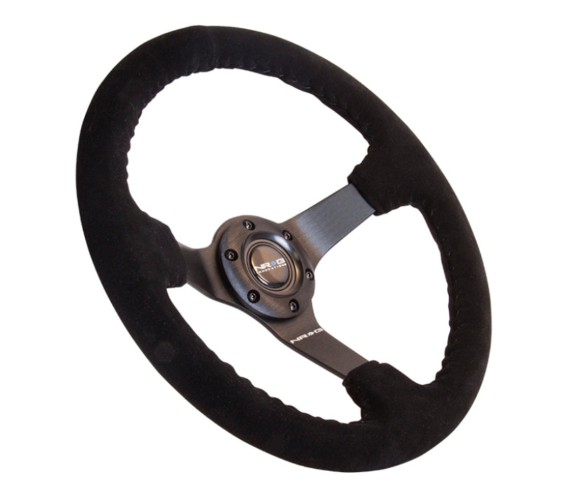 NRG Reinforced Steering Wheel (350mm / 3in. Deep) Blk Suede w/Blk BBall Stitch (Odi Bakchis Edition) - NRG RST-036MB-S