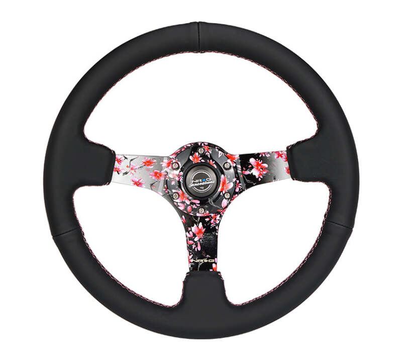 NRG Reinforced Steering Wheel (350mm/3in.) Hydro Dipped Sakura Floral w/ Pink Suede Black Stitch - NRG RST-036SAK-R