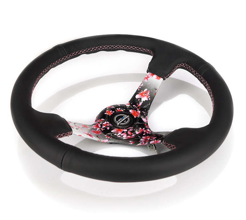 NRG Reinforced Steering Wheel (350mm/3in.) Hydro Dipped Sakura Floral w/ Pink Suede Black Stitch - NRG RST-036SAK-R
