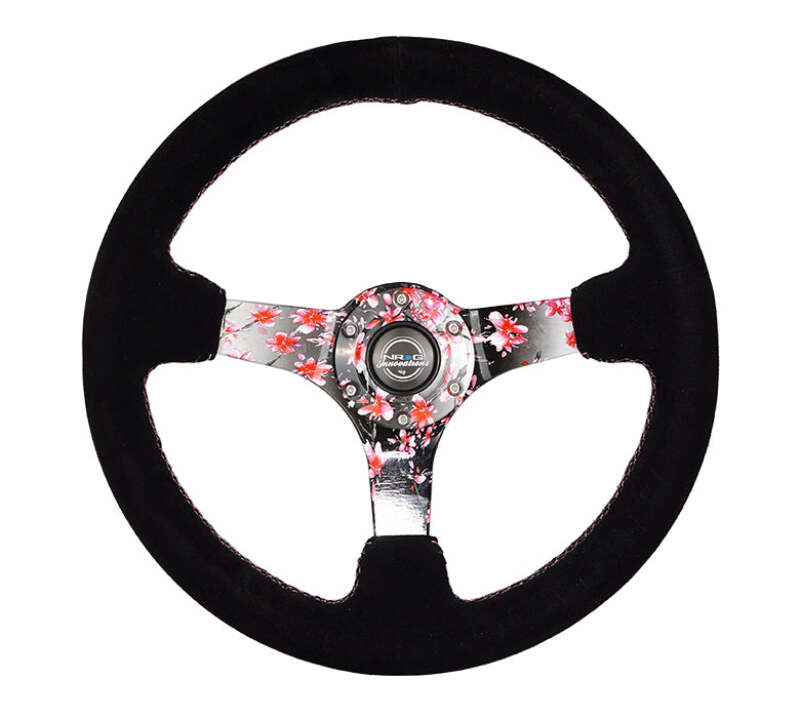NRG NRGRST-036SAK-S Reinforced Steering Wheel (350mm) 3in Deep Pink Sakura Floral Solid Spoke - Black Suede/Stitch image 1