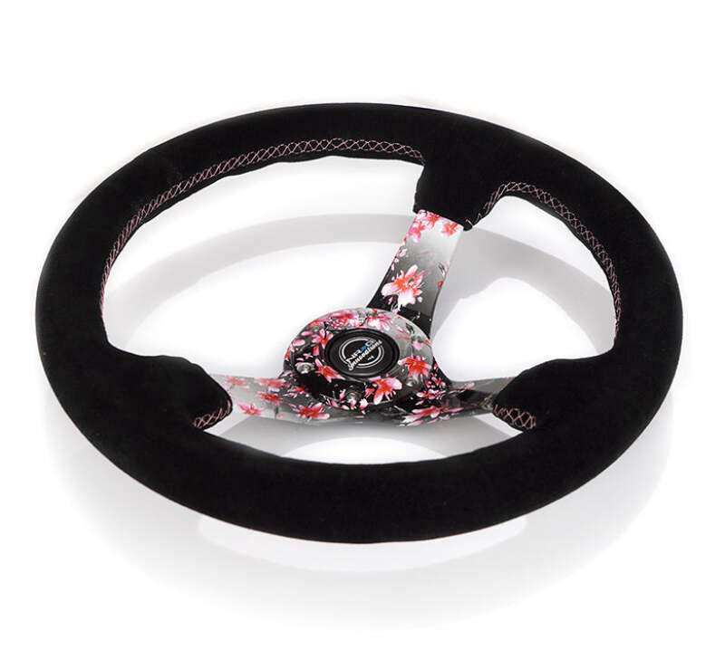 NRG NRGRST-036SAK-S Reinforced Steering Wheel (350mm) 3in Deep Pink Sakura Floral Solid Spoke - Black Suede/Stitch image 2