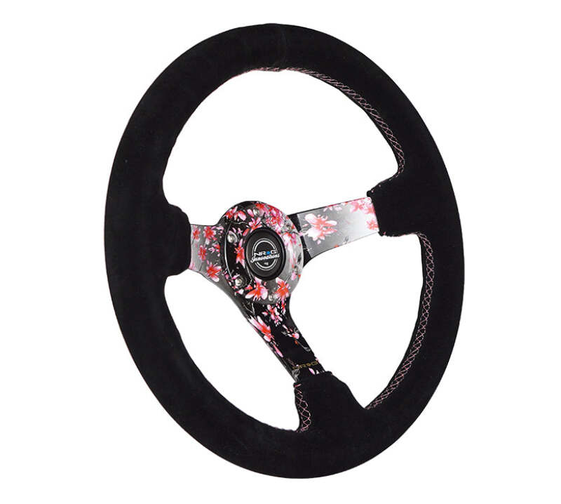 NRG NRGRST-036SAK-S Reinforced Steering Wheel (350mm) 3in Deep Pink Sakura Floral Solid Spoke - Black Suede/Stitch image 3
