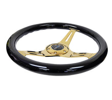 Load image into Gallery viewer, NRG Classic Wood Grain Steering Wheel (350mm) Black Grip w/Chrome Gold 3-Spoke Center - NRG ST-015CG-BK