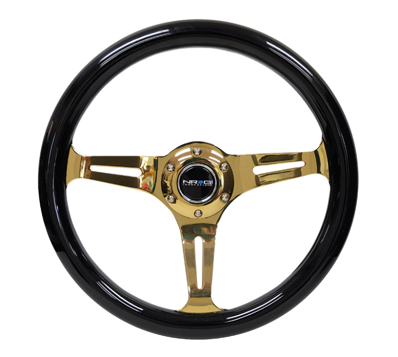 NRG Classic Wood Grain Steering Wheel (350mm) Black Grip w/Chrome Gold 3-Spoke Center - NRG ST-015CG-BK