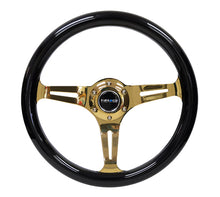 Load image into Gallery viewer, NRG Classic Wood Grain Steering Wheel (350mm) Black Grip w/Chrome Gold 3-Spoke Center - NRG ST-015CG-BK