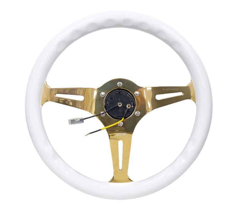 NRG Classic Wood Grain Steering Wheel (350mm) White Grip w/Chrome Gold 3-Spoke Center - NRG ST-015CG-WT