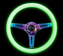 Load image into Gallery viewer, NRG Classic Wood Grain Steering Wheel (350mm) Glow-N-The-Dark Green Grip w/Neochrome 3-Spoke Center - NRG ST-015MC-GL