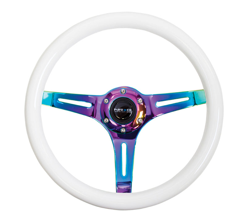 NRG Classic Wood Grain Steering Wheel (350mm) Glow-N-The-Dark Green Grip w/Neochrome 3-Spoke Center - NRG ST-015MC-GL