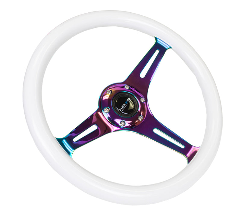 NRG Classic Wood Grain Steering Wheel (350mm) Glow-N-The-Dark Green Grip w/Neochrome 3-Spoke Center - NRG ST-015MC-GL