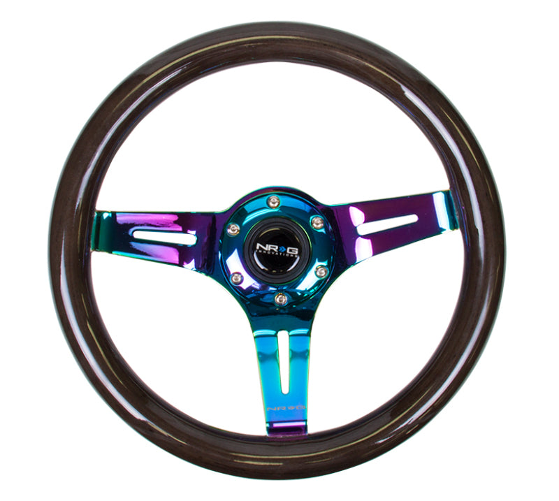 NRG Classic Wood Grain Steering Wheel (310mm) Black w/Neochrome 3-Spoke Center - NRG ST-310BK-MC