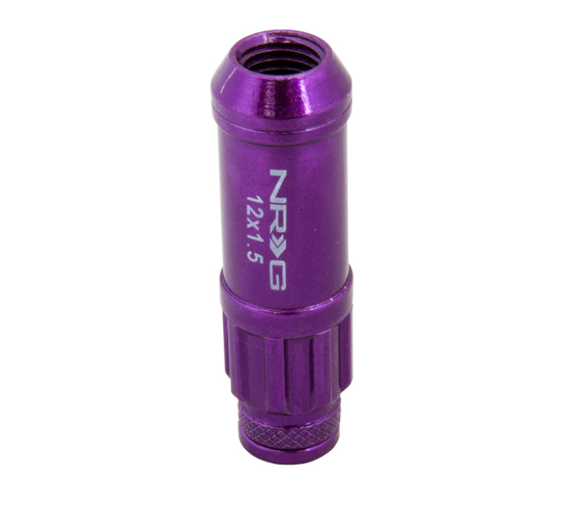 Close up of single NRG purple lug nut showing removable NRG logo dust cap