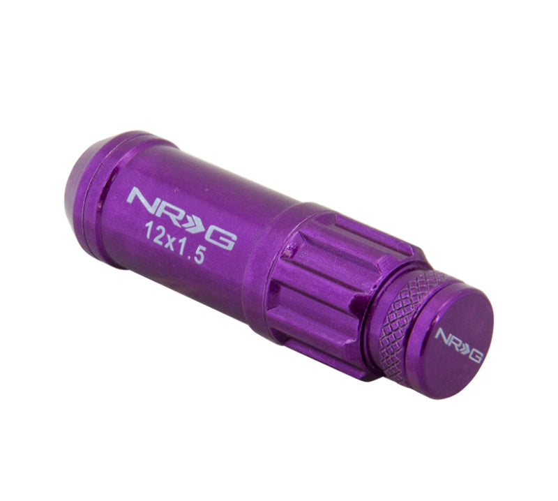 Close up of single NRG purple lug nut showing removable NRG logo dust cap