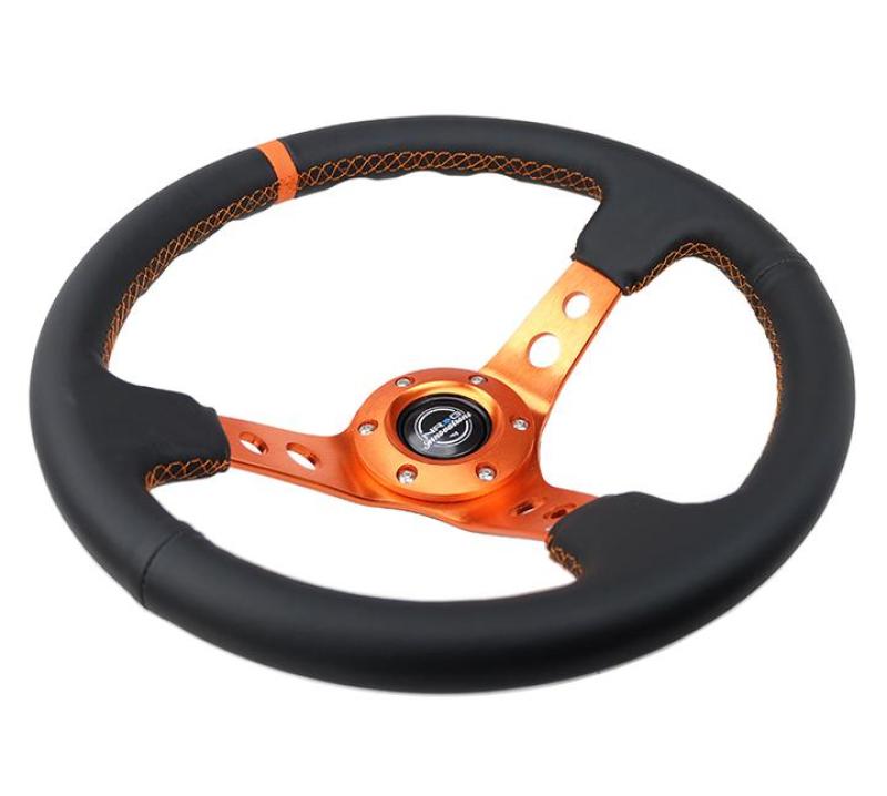 NRG Reinforce Steering Wheel (350mm / 3in. Deep) Blk Leather, Orange Center Mark w/ Orange Stitching - Black Ops Auto Works