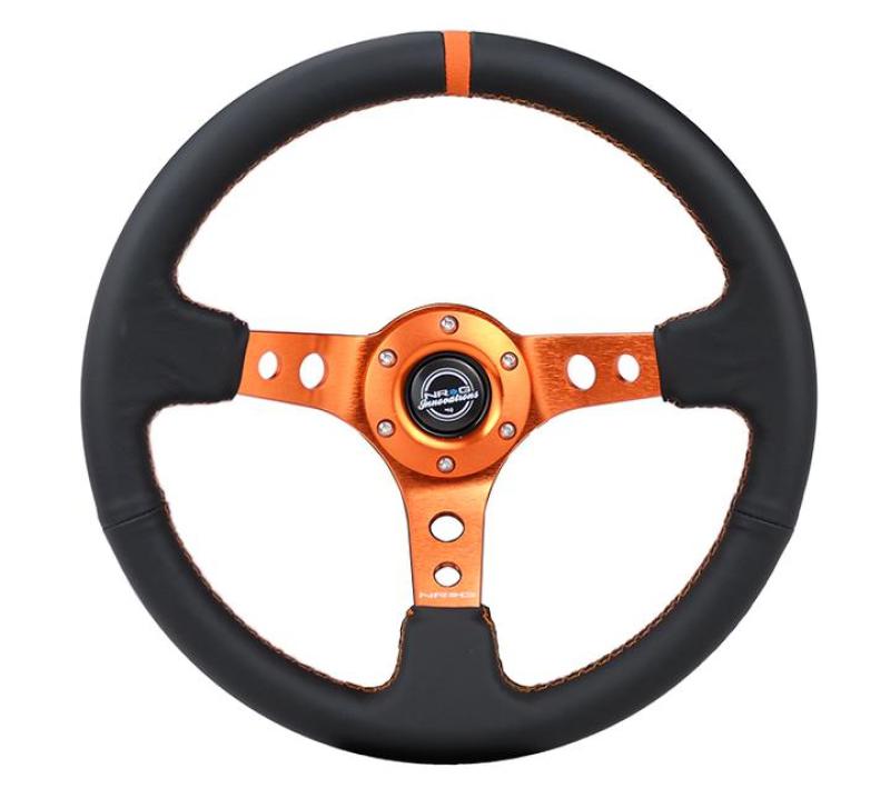 NRG Reinforce Steering Wheel (350mm / 3in. Deep) Blk Leather, Orange Center Mark w/ Orange Stitching - Black Ops Auto Works