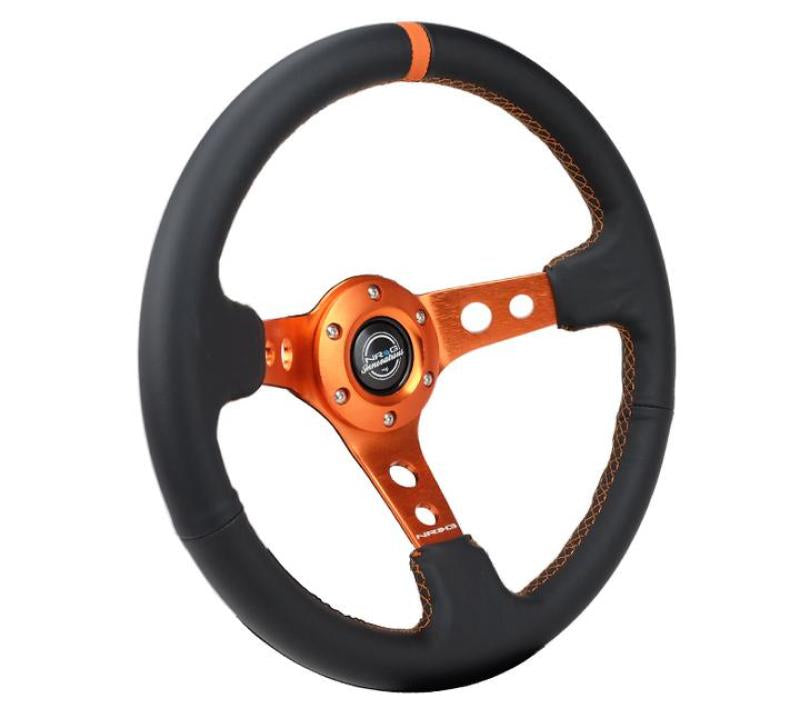 NRG Reinforce Steering Wheel (350mm / 3in. Deep) Blk Leather, Orange Center Mark w/ Orange Stitching - Black Ops Auto Works