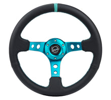 Load image into Gallery viewer, NRG Reinforce Steering Wheel (350mm / 3in. Deep) Blk Leather, Teal Center Mark w/ Teal Stitching - Black Ops Auto Works