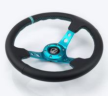 Load image into Gallery viewer, NRG Reinforce Steering Wheel (350mm / 3in. Deep) Blk Leather, Teal Center Mark w/ Teal Stitching - Black Ops Auto Works