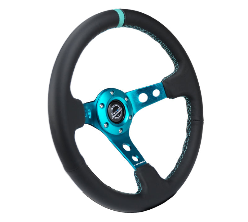 NRG Reinforce Steering Wheel (350mm / 3in. Deep) Blk Leather, Teal Center Mark w/ Teal Stitching - Black Ops Auto Works
