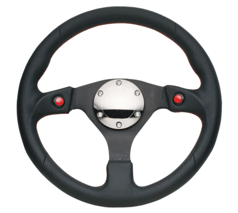 NRG Reinforced Steering Wheel (320mm) Blk Leather w/Dual Buttons - Black Ops Auto Works
