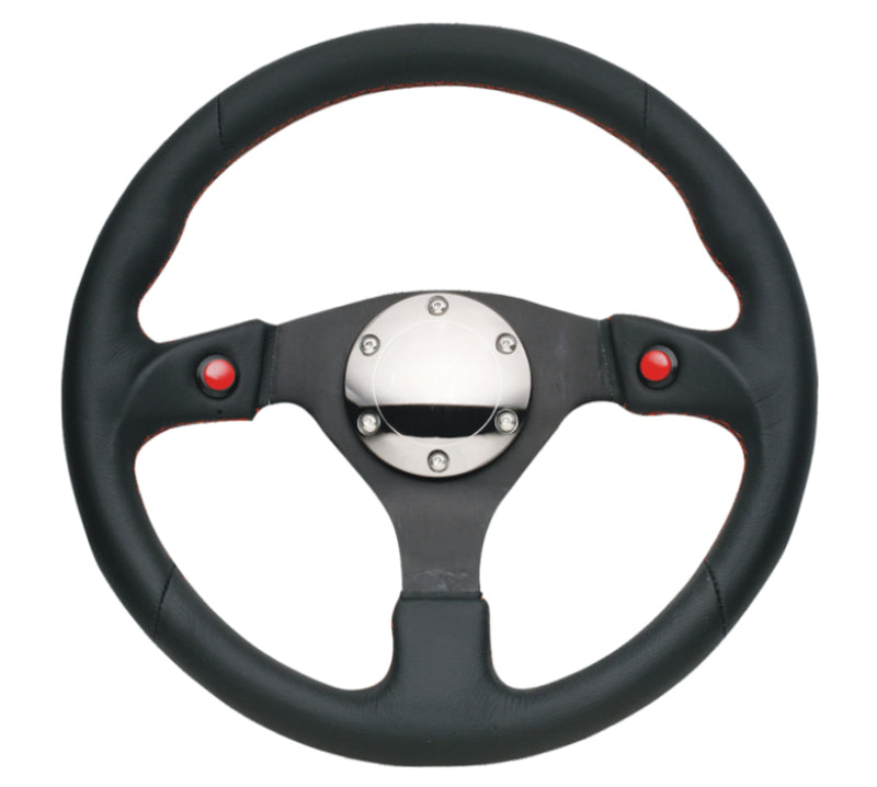 NRG Reinforced Steering Wheel (320mm) Blk Leather w/Dual Buttons - Black Ops Auto Works