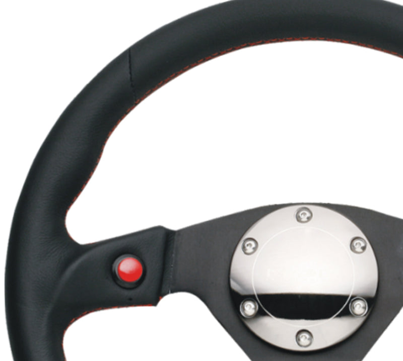 NRG Reinforced Steering Wheel (320mm) Blk Leather w/Dual Buttons - Black Ops Auto Works