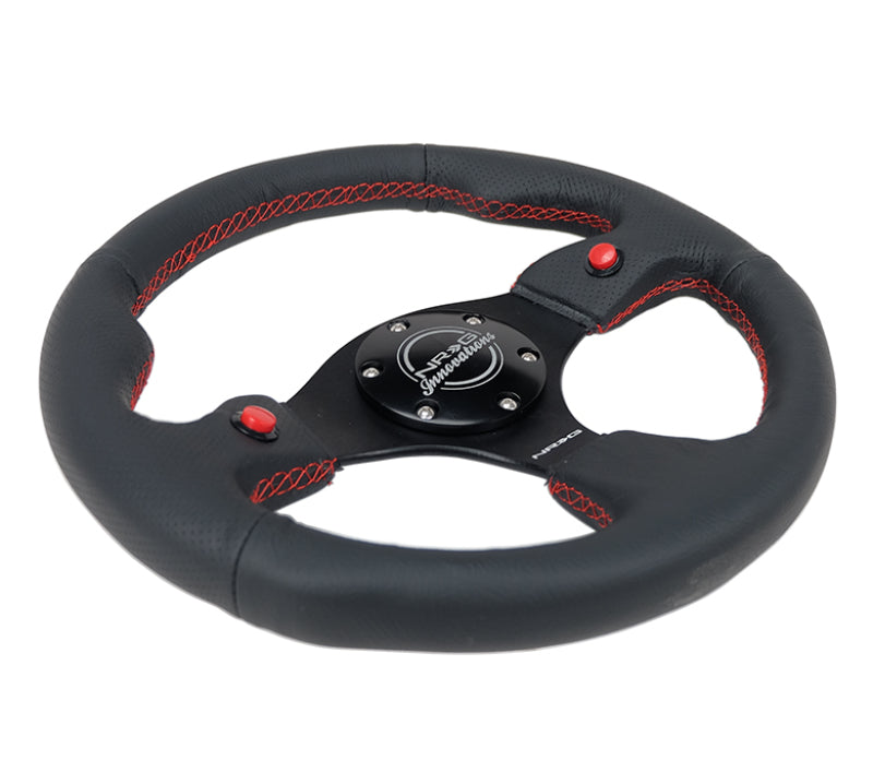 NRG Reinforced Steering Wheel (320mm) Blk Leather w/Dual Buttons - Black Ops Auto Works