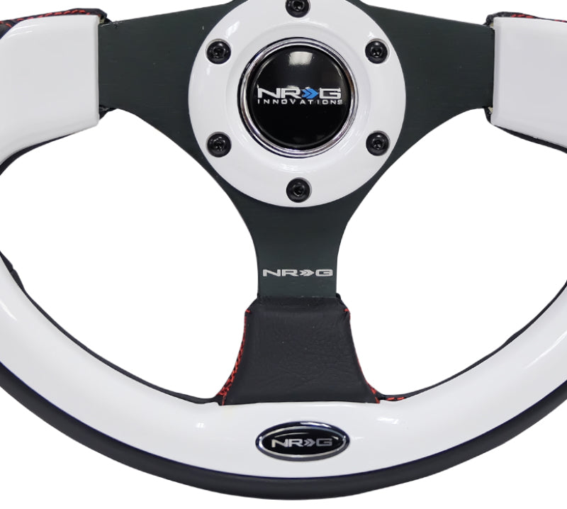 NRG Reinforced Steering Wheel (320mm) Blk w/White Trim & 4mm 3-Spoke - Black Ops Auto Works