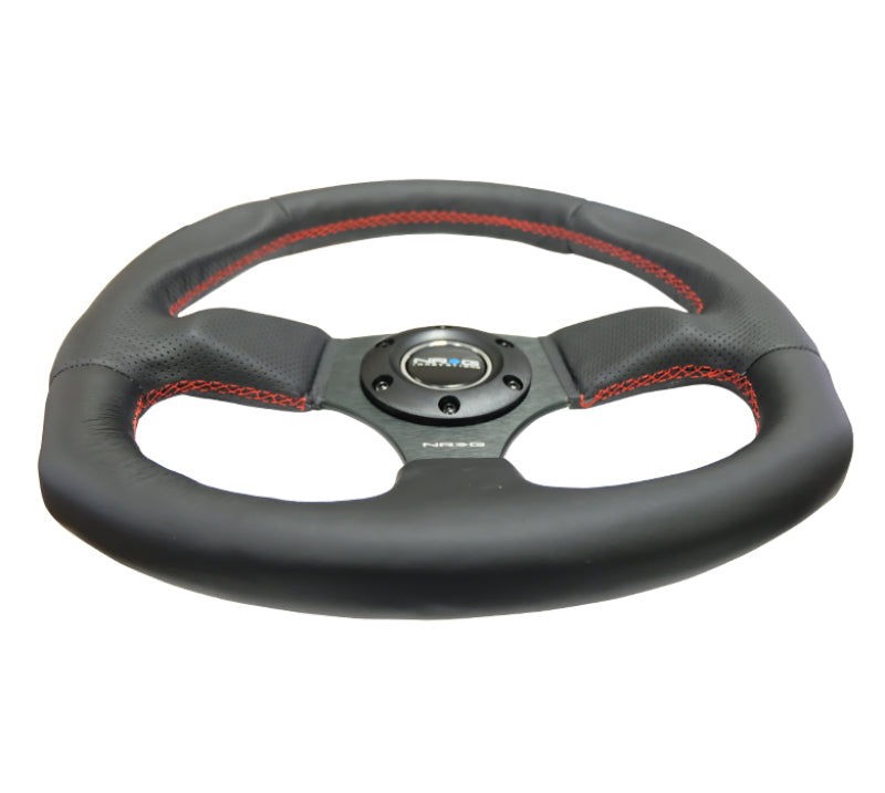 NRG Reinforced Steering Wheel (320mm Horizontal / 330mm Vertical) Leather w/Red Stitching - Black Ops Auto Works
