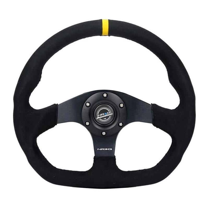 NRG Reinforced Steering Wheel (320mm) Sport Alcantara Dual Push Buttons Flat Bottom w/Yellow Center NRG NRGRST-024D-MB-SA-Y