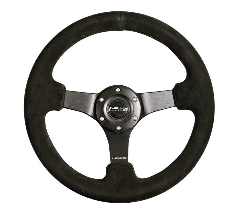 NRG Reinforced Steering Wheel (330mm / 3in Deep) Blk Suede w/Criss Cross Stitch w/Blk 3-Spoke Center - Black Ops Auto Works