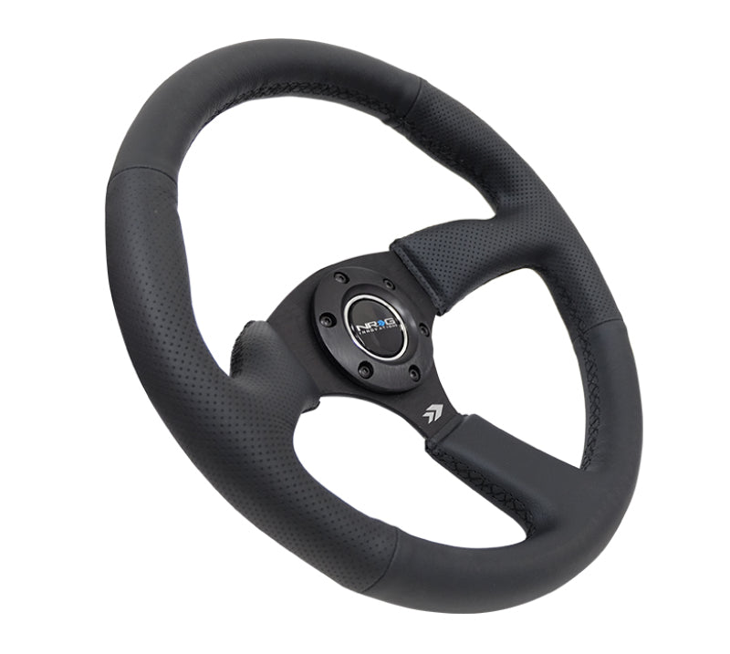 NRG Reinforced Steering Wheel (350mm / 2.5in. Deep) Blk Leather Comfort Grip w/5mm Matte Blk Spokes - Black Ops Auto Works