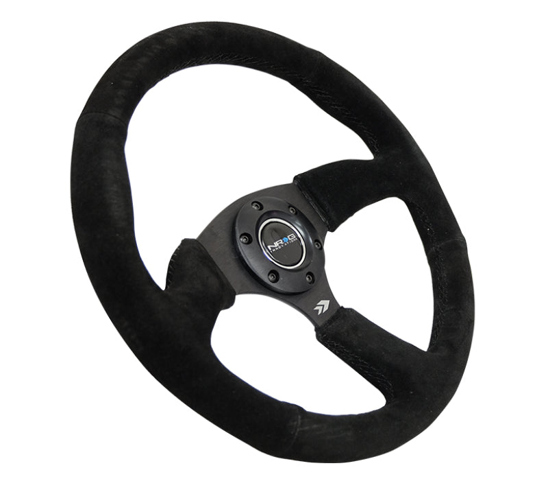 NRG Reinforced Steering Wheel (350mm / 2.5in. Deep) Blk Suede Comfort Grip w/5mm Matte Blk Spokes - Black Ops Auto Works