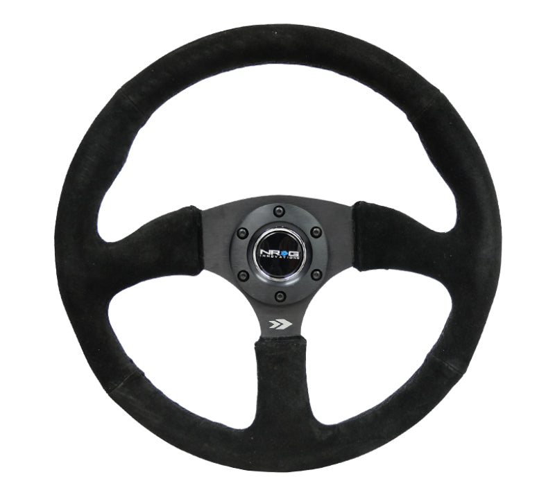 NRG Reinforced Steering Wheel (350mm / 2.5in. Deep) Blk Suede Comfort Grip w/5mm Matte Blk Spokes - Black Ops Auto Works