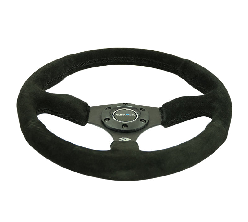 NRG Reinforced Steering Wheel (350mm / 2.5in. Deep) Blk Suede Comfort Grip w/5mm Matte Blk Spokes - Black Ops Auto Works