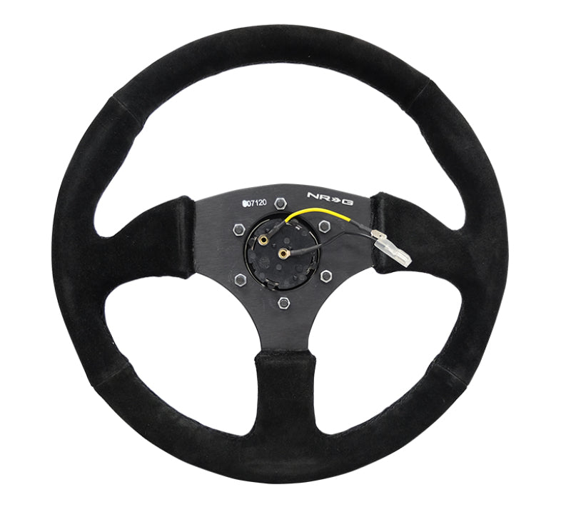 NRG Reinforced Steering Wheel (350mm / 2.5in. Deep) Blk Suede Comfort Grip w/5mm Matte Blk Spokes - Black Ops Auto Works