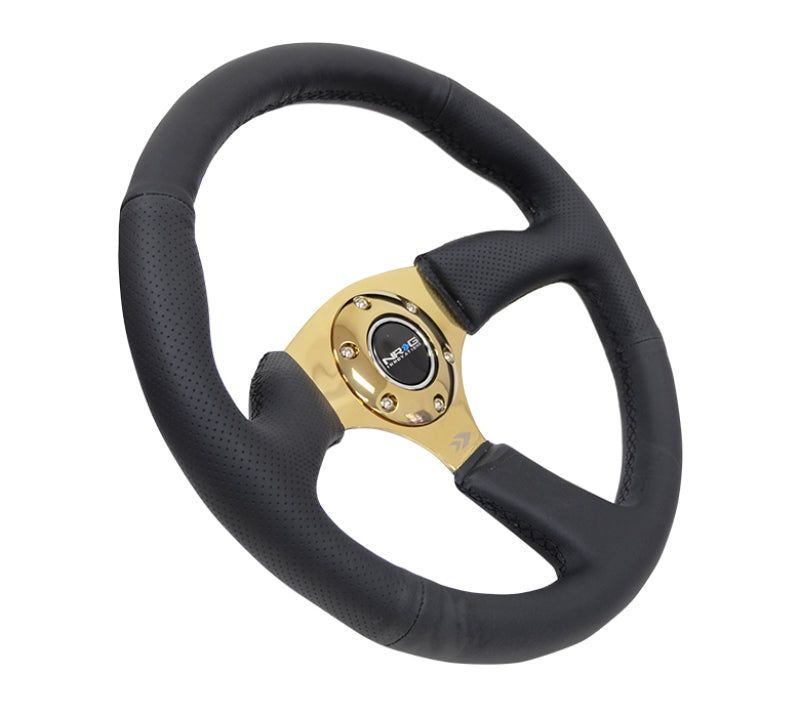 NRG Reinforced Steering Wheel (350mm / 2.5in. Deep) Leather Race Comfort Grip w/4mm Gold Spokes - Black Ops Auto Works