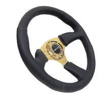 Load image into Gallery viewer, NRG Reinforced Steering Wheel (350mm / 2.5in. Deep) Leather Race Comfort Grip w/4mm Gold Spokes - Black Ops Auto Works