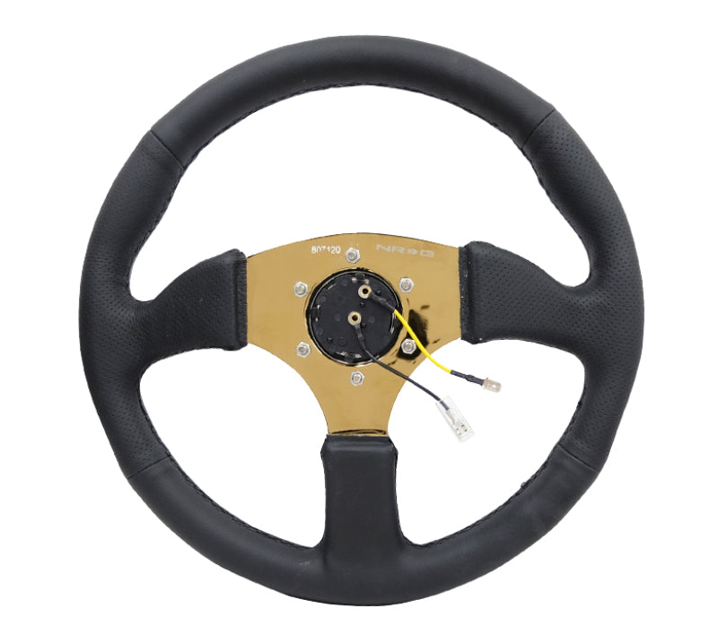 NRG Reinforced Steering Wheel (350mm / 2.5in. Deep) Leather Race Comfort Grip w/4mm Gold Spokes - Black Ops Auto Works