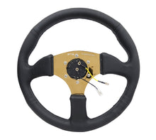 Load image into Gallery viewer, NRG Reinforced Steering Wheel (350mm / 2.5in. Deep) Leather Race Comfort Grip w/4mm Gold Spokes - Black Ops Auto Works