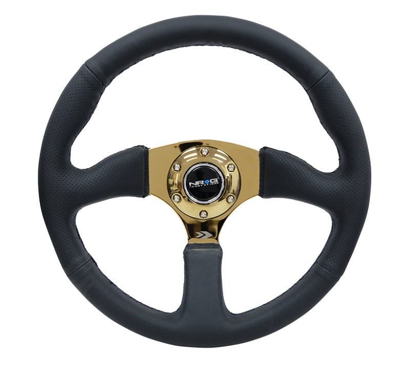 NRG Reinforced Steering Wheel (350mm / 2.5in. Deep) Leather Race Comfort Grip w/4mm Gold Spokes - Black Ops Auto Works