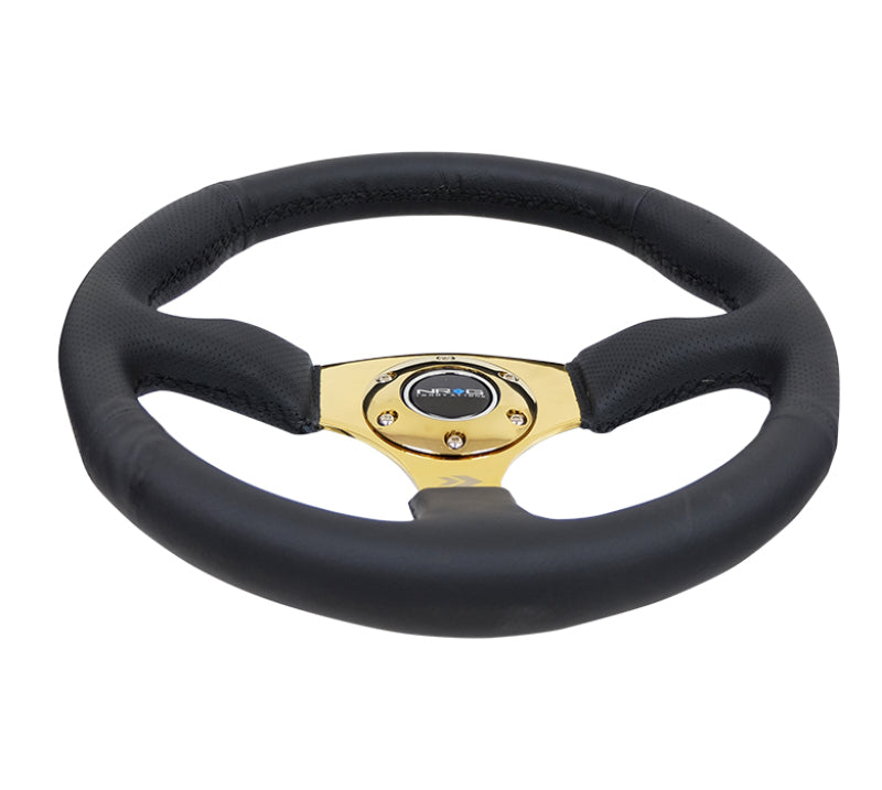 NRG Reinforced Steering Wheel (350mm / 2.5in. Deep) Leather Race Comfort Grip w/4mm Gold Spokes - Black Ops Auto Works