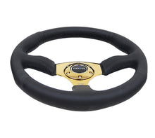 Load image into Gallery viewer, NRG Reinforced Steering Wheel (350mm / 2.5in. Deep) Leather Race Comfort Grip w/4mm Gold Spokes - Black Ops Auto Works