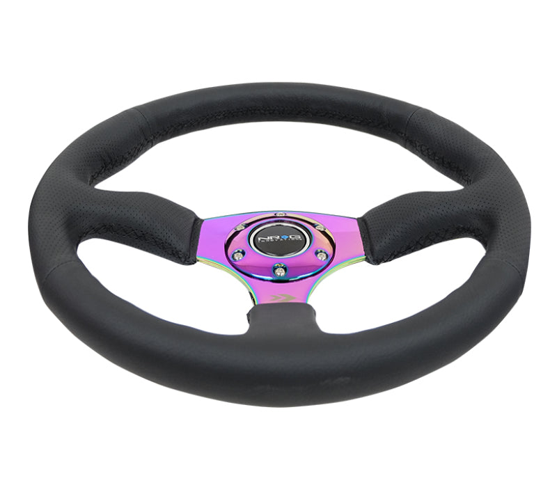 NRG Reinforced Steering Wheel (350mm / 2.5in. Deep) Leather Race Comfort Grip w/4mm Neochrome Spokes - Black Ops Auto Works