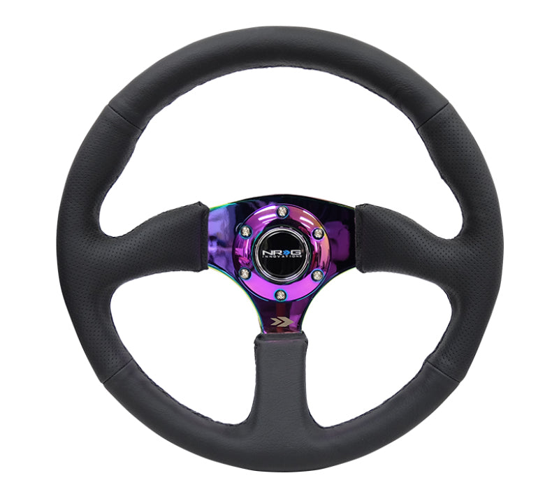 NRG Reinforced Steering Wheel (350mm / 2.5in. Deep) Leather Race Comfort Grip w/4mm Neochrome Spokes - Black Ops Auto Works