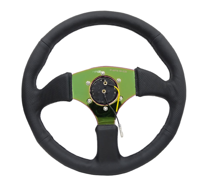 NRG Reinforced Steering Wheel (350mm / 2.5in. Deep) Leather Race Comfort Grip w/4mm Neochrome Spokes - Black Ops Auto Works