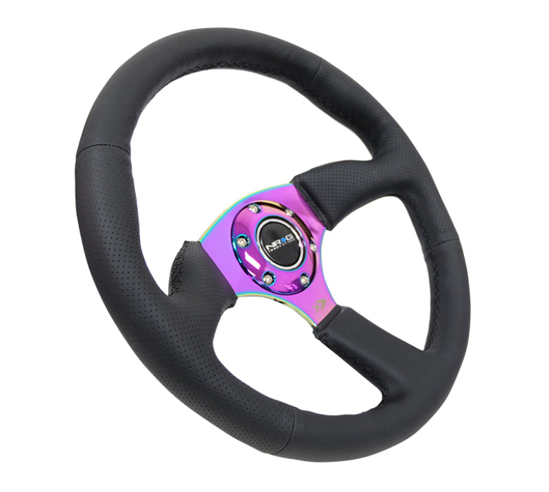 NRG Reinforced Steering Wheel (350mm / 2.5in. Deep) Leather Race Comfort Grip w/4mm Neochrome Spokes - Black Ops Auto Works